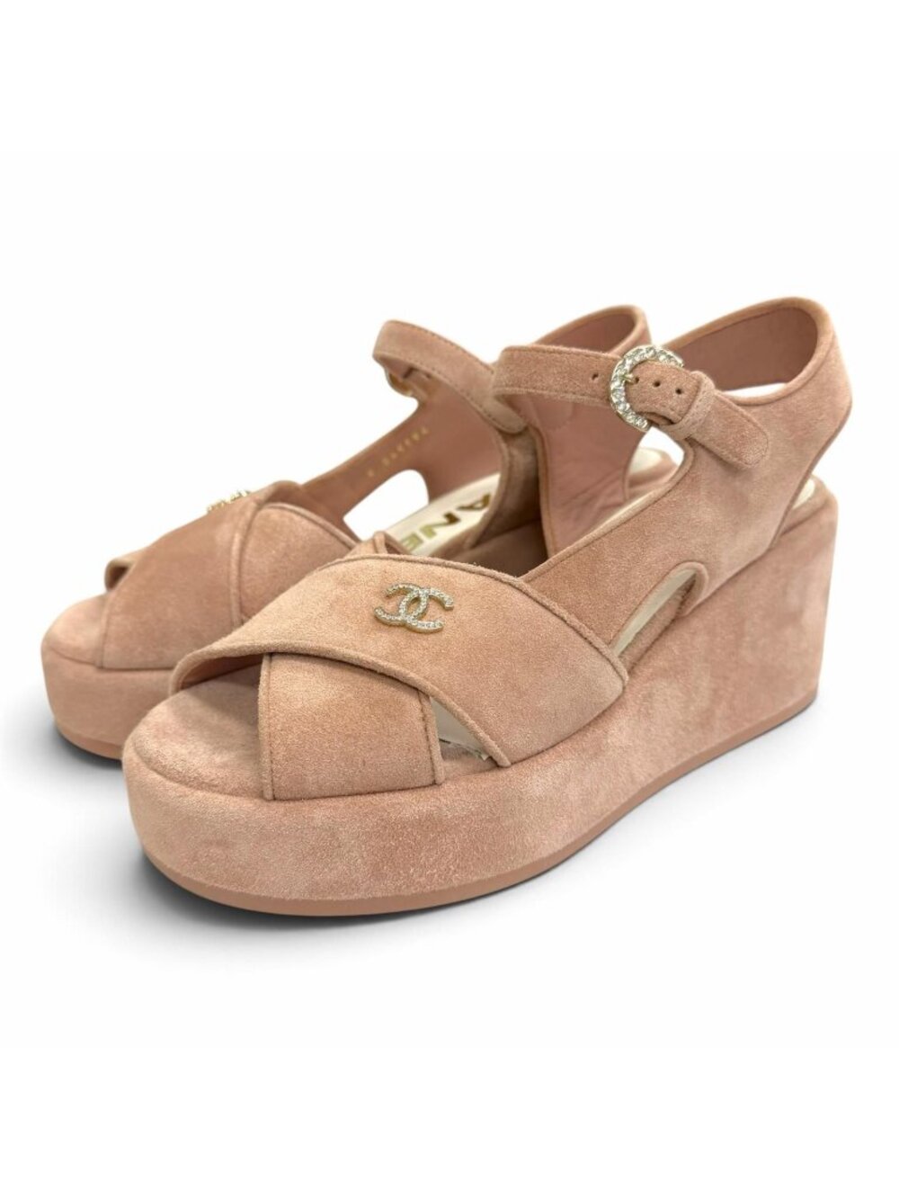 Chanel 24P Suede Leather CC Logo Rhinestone Ankle Strap Thick Sole Sandals